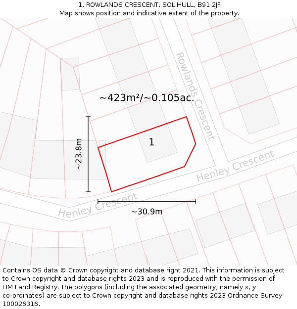 1, ROWLANDS CRESCENT, SOLIHULL, B91 2JF: Plot and title map