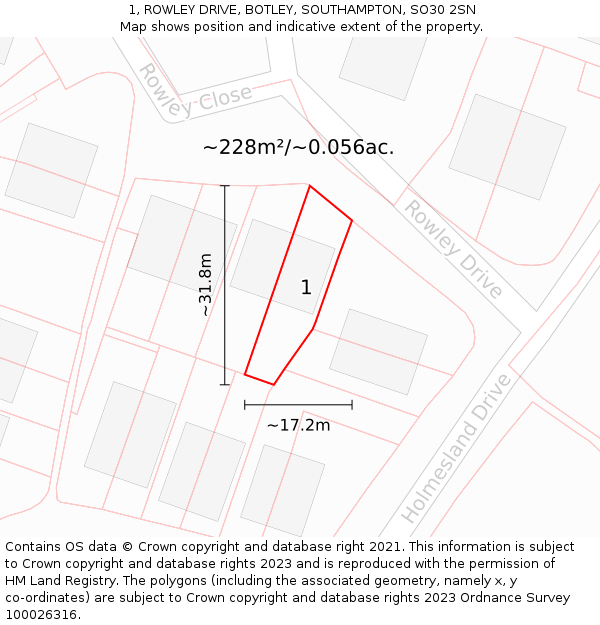 1, ROWLEY DRIVE, BOTLEY, SOUTHAMPTON, SO30 2SN: Plot and title map