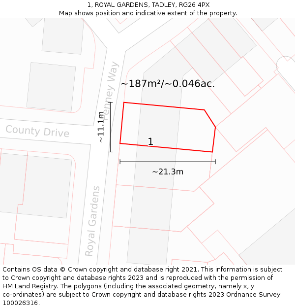 1, ROYAL GARDENS, TADLEY, RG26 4PX: Plot and title map