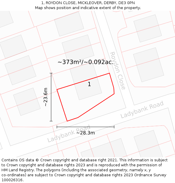 1, ROYDON CLOSE, MICKLEOVER, DERBY, DE3 0PN: Plot and title map