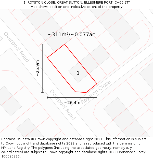 1, ROYSTON CLOSE, GREAT SUTTON, ELLESMERE PORT, CH66 2TT: Plot and title map