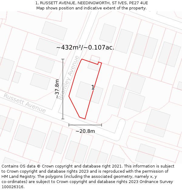 1, RUSSETT AVENUE, NEEDINGWORTH, ST IVES, PE27 4UE: Plot and title map