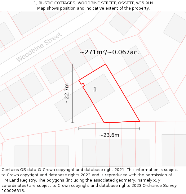 1, RUSTIC COTTAGES, WOODBINE STREET, OSSETT, WF5 9LN: Plot and title map