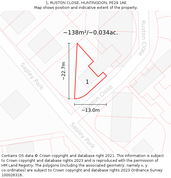 1, RUSTON CLOSE, HUNTINGDON, PE29 1AE: Plot and title map