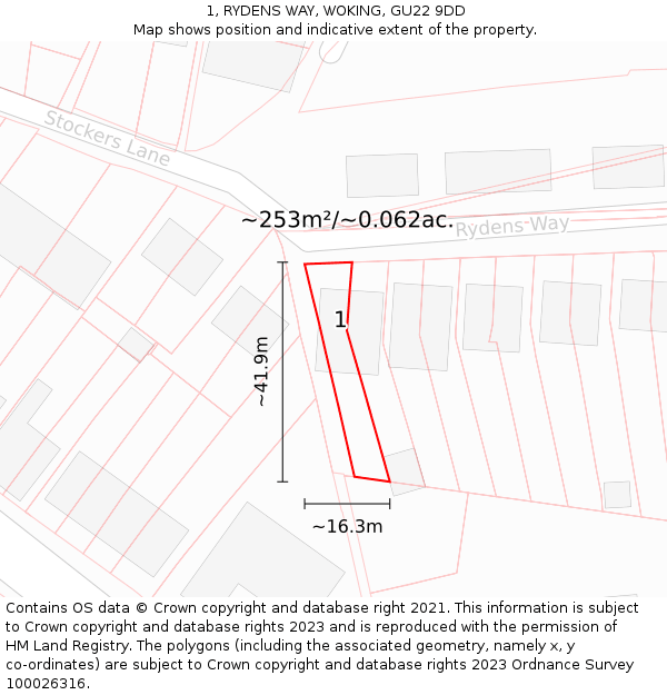 1, RYDENS WAY, WOKING, GU22 9DD: Plot and title map
