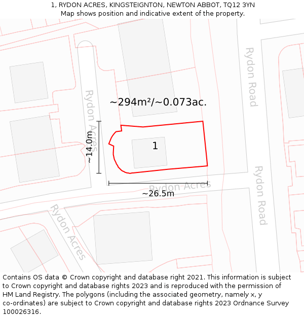 1, RYDON ACRES, KINGSTEIGNTON, NEWTON ABBOT, TQ12 3YN: Plot and title map