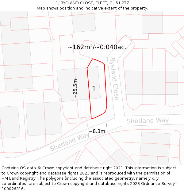 1, RYELAND CLOSE, FLEET, GU51 2TZ: Plot and title map