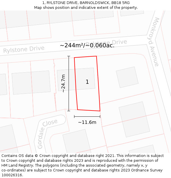 1, RYLSTONE DRIVE, BARNOLDSWICK, BB18 5RG: Plot and title map