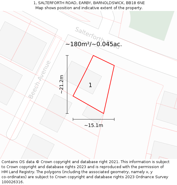 1, SALTERFORTH ROAD, EARBY, BARNOLDSWICK, BB18 6NE: Plot and title map