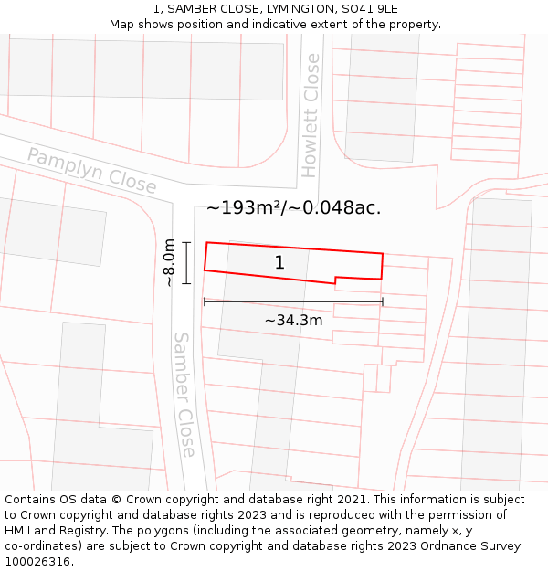 1, SAMBER CLOSE, LYMINGTON, SO41 9LE: Plot and title map
