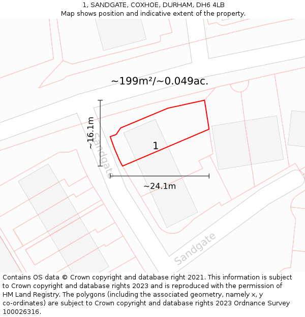 1, SANDGATE, COXHOE, DURHAM, DH6 4LB: Plot and title map