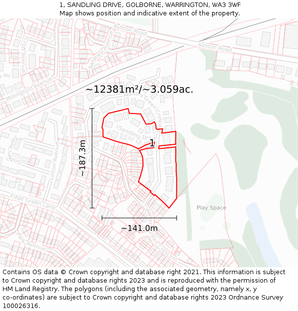 1, SANDLING DRIVE, GOLBORNE, WARRINGTON, WA3 3WF: Plot and title map