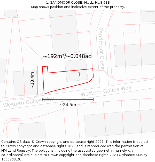 1, SANDMOOR CLOSE, HULL, HU8 9EB: Plot and title map