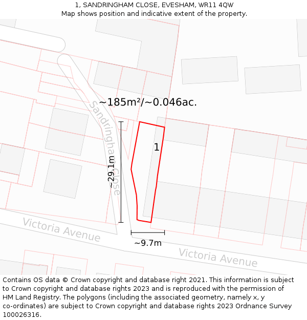 1, SANDRINGHAM CLOSE, EVESHAM, WR11 4QW: Plot and title map
