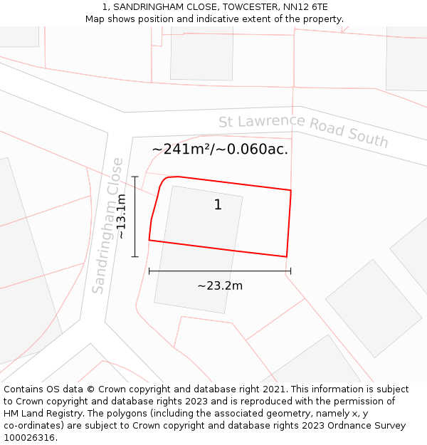 1, SANDRINGHAM CLOSE, TOWCESTER, NN12 6TE: Plot and title map