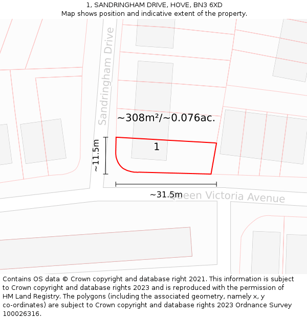 1, SANDRINGHAM DRIVE, HOVE, BN3 6XD: Plot and title map