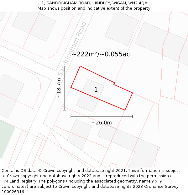 1, SANDRINGHAM ROAD, HINDLEY, WIGAN, WN2 4QA: Plot and title map