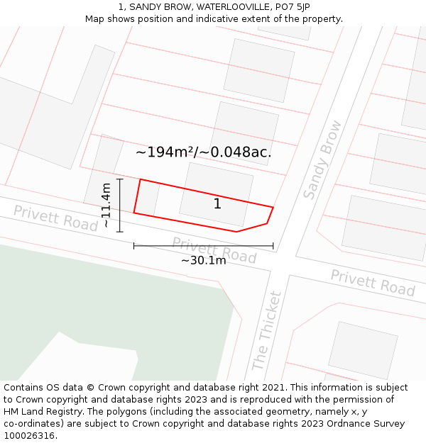 1, SANDY BROW, WATERLOOVILLE, PO7 5JP: Plot and title map