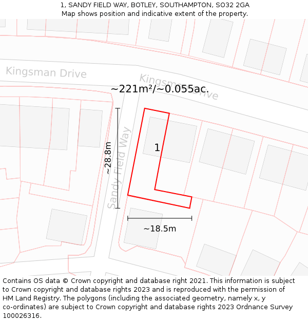 1, SANDY FIELD WAY, BOTLEY, SOUTHAMPTON, SO32 2GA: Plot and title map