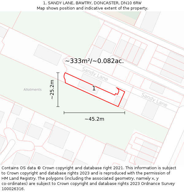 1, SANDY LANE, BAWTRY, DONCASTER, DN10 6RW: Plot and title map