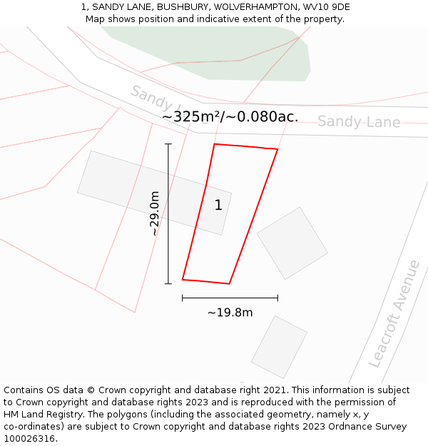 1, SANDY LANE, BUSHBURY, WOLVERHAMPTON, WV10 9DE: Plot and title map