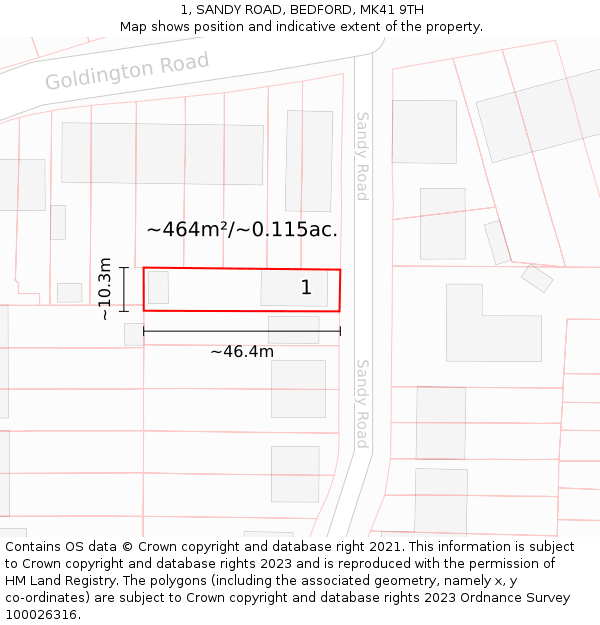 1, SANDY ROAD, BEDFORD, MK41 9TH: Plot and title map