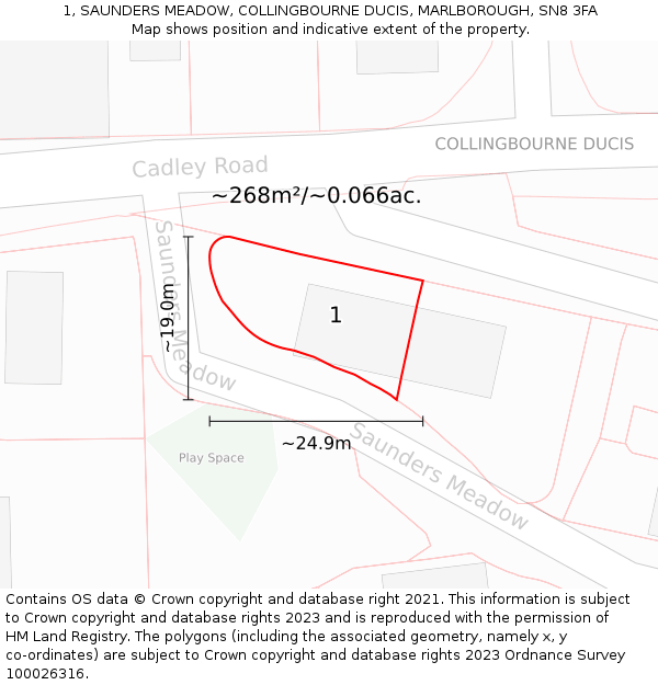 1, SAUNDERS MEADOW, COLLINGBOURNE DUCIS, MARLBOROUGH, SN8 3FA: Plot and title map