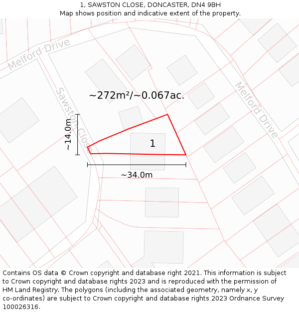 1, SAWSTON CLOSE, DONCASTER, DN4 9BH: Plot and title map