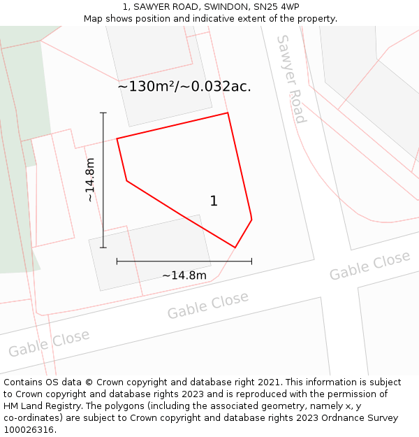 1, SAWYER ROAD, SWINDON, SN25 4WP: Plot and title map