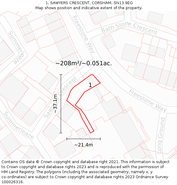 1, SAWYERS CRESCENT, CORSHAM, SN13 9EG: Plot and title map