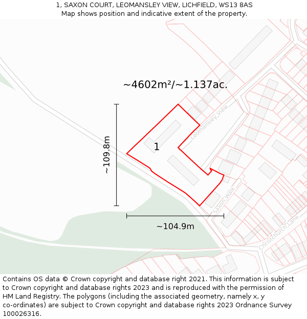 1, SAXON COURT, LEOMANSLEY VIEW, LICHFIELD, WS13 8AS: Plot and title map