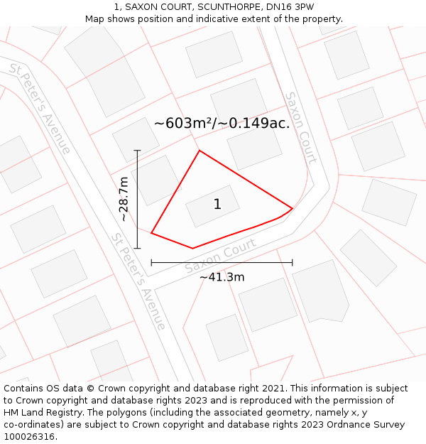 1, SAXON COURT, SCUNTHORPE, DN16 3PW: Plot and title map