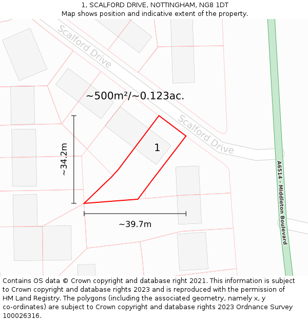 1, SCALFORD DRIVE, NOTTINGHAM, NG8 1DT: Plot and title map