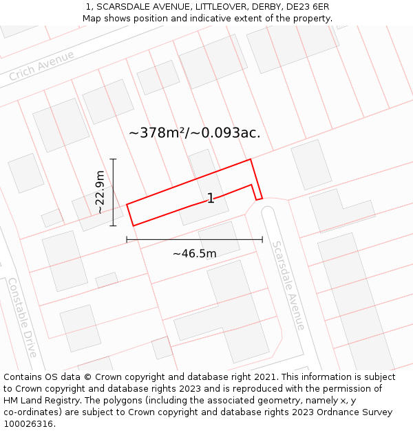 1, SCARSDALE AVENUE, LITTLEOVER, DERBY, DE23 6ER: Plot and title map