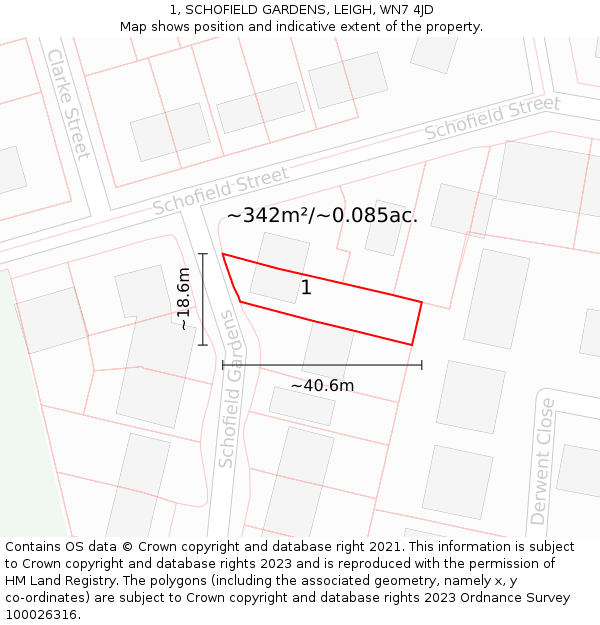1, SCHOFIELD GARDENS, LEIGH, WN7 4JD: Plot and title map