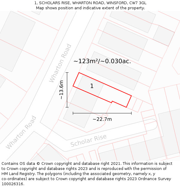 1, SCHOLARS RISE, WHARTON ROAD, WINSFORD, CW7 3GL: Plot and title map