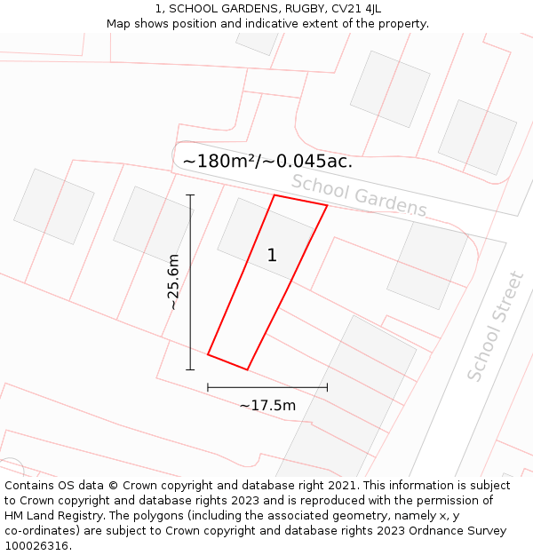 1, SCHOOL GARDENS, RUGBY, CV21 4JL: Plot and title map