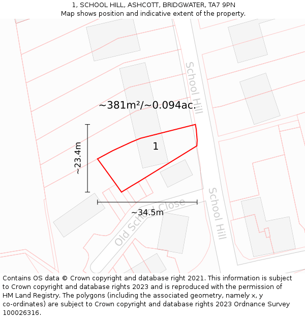 1, SCHOOL HILL, ASHCOTT, BRIDGWATER, TA7 9PN: Plot and title map