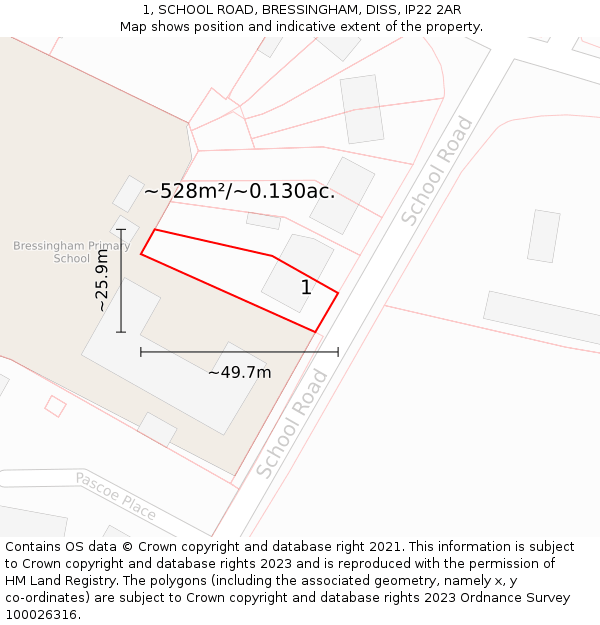 1, SCHOOL ROAD, BRESSINGHAM, DISS, IP22 2AR: Plot and title map