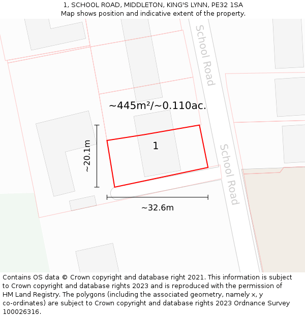 1, SCHOOL ROAD, MIDDLETON, KING'S LYNN, PE32 1SA: Plot and title map