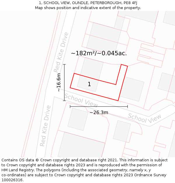 1, SCHOOL VIEW, OUNDLE, PETERBOROUGH, PE8 4FJ: Plot and title map
