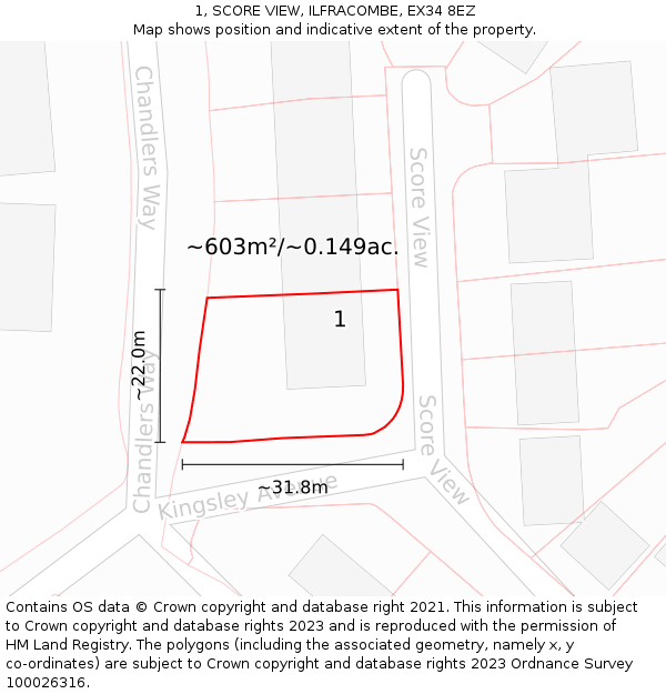 1, SCORE VIEW, ILFRACOMBE, EX34 8EZ: Plot and title map