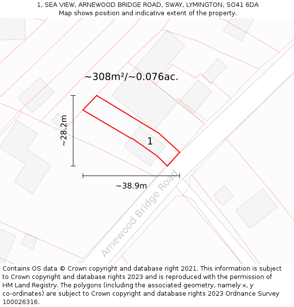 1, SEA VIEW, ARNEWOOD BRIDGE ROAD, SWAY, LYMINGTON, SO41 6DA: Plot and title map