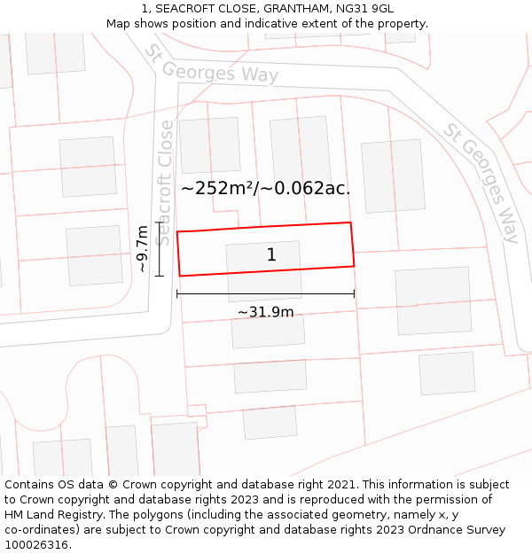1, SEACROFT CLOSE, GRANTHAM, NG31 9GL: Plot and title map