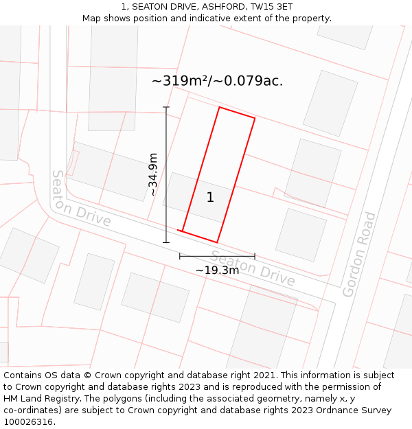 1, SEATON DRIVE, ASHFORD, TW15 3ET: Plot and title map