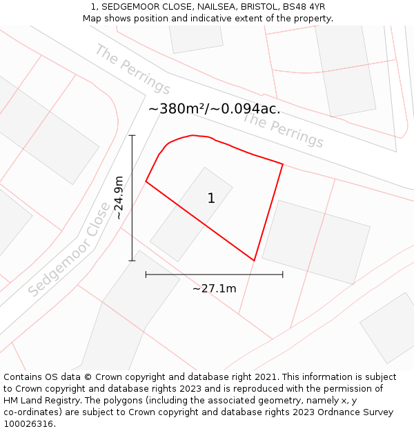 1, SEDGEMOOR CLOSE, NAILSEA, BRISTOL, BS48 4YR: Plot and title map