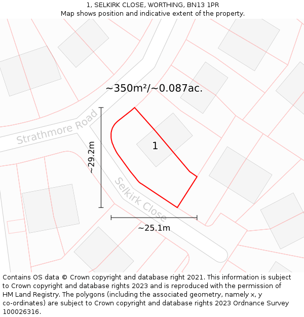 1, SELKIRK CLOSE, WORTHING, BN13 1PR: Plot and title map