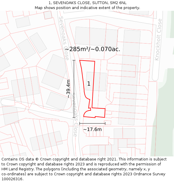 1, SEVENOAKS CLOSE, SUTTON, SM2 6NL: Plot and title map