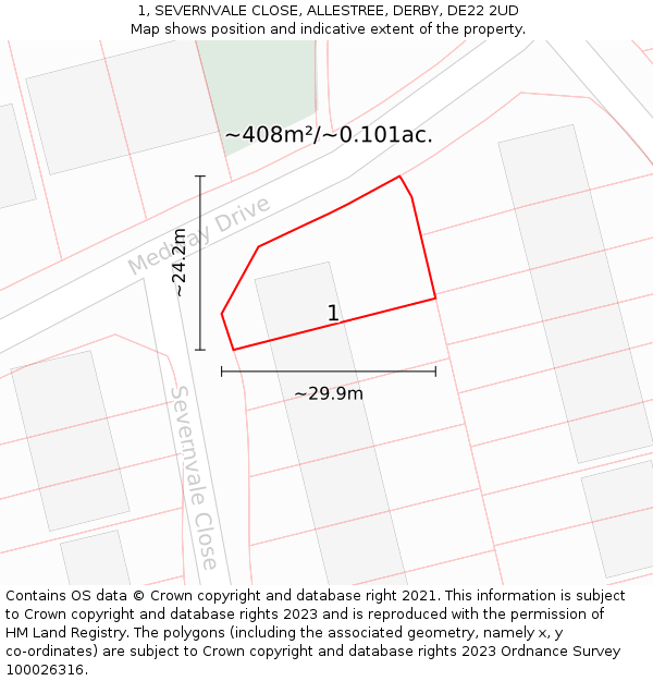 1, SEVERNVALE CLOSE, ALLESTREE, DERBY, DE22 2UD: Plot and title map