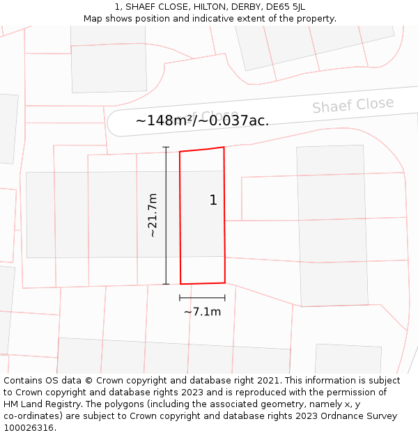 1, SHAEF CLOSE, HILTON, DERBY, DE65 5JL: Plot and title map